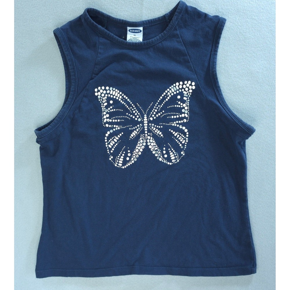Vintage Old Navy Y2K Butterfly Graphic Tank Top XL Navy Blue Sleeveless McBling